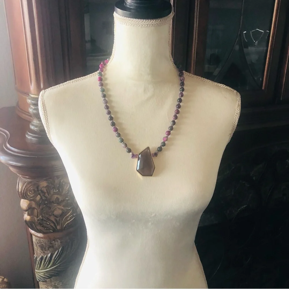 Handcrafted genuine ruby in zoisite geometric topaz pendant necklace
